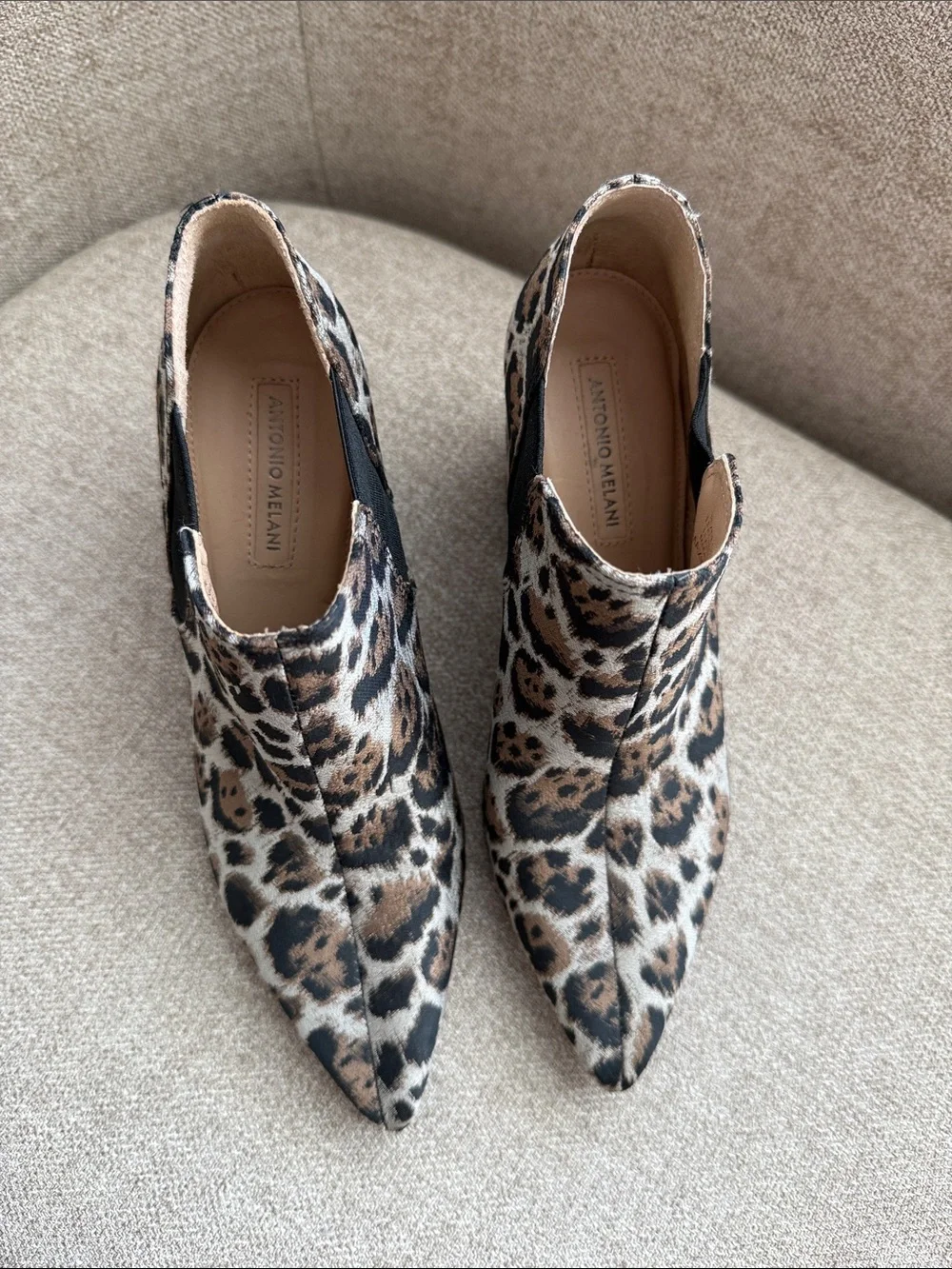 ANTONIO MELANI Leopard-Print Pointed Toe Ankle Booties in Brown and Black